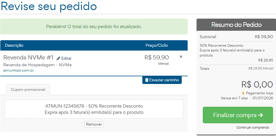 Exemplo de Utilização do Cupom de 50% de Desconto