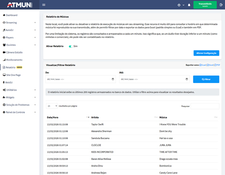 Relatório de Músicas (Excel ou PDF)